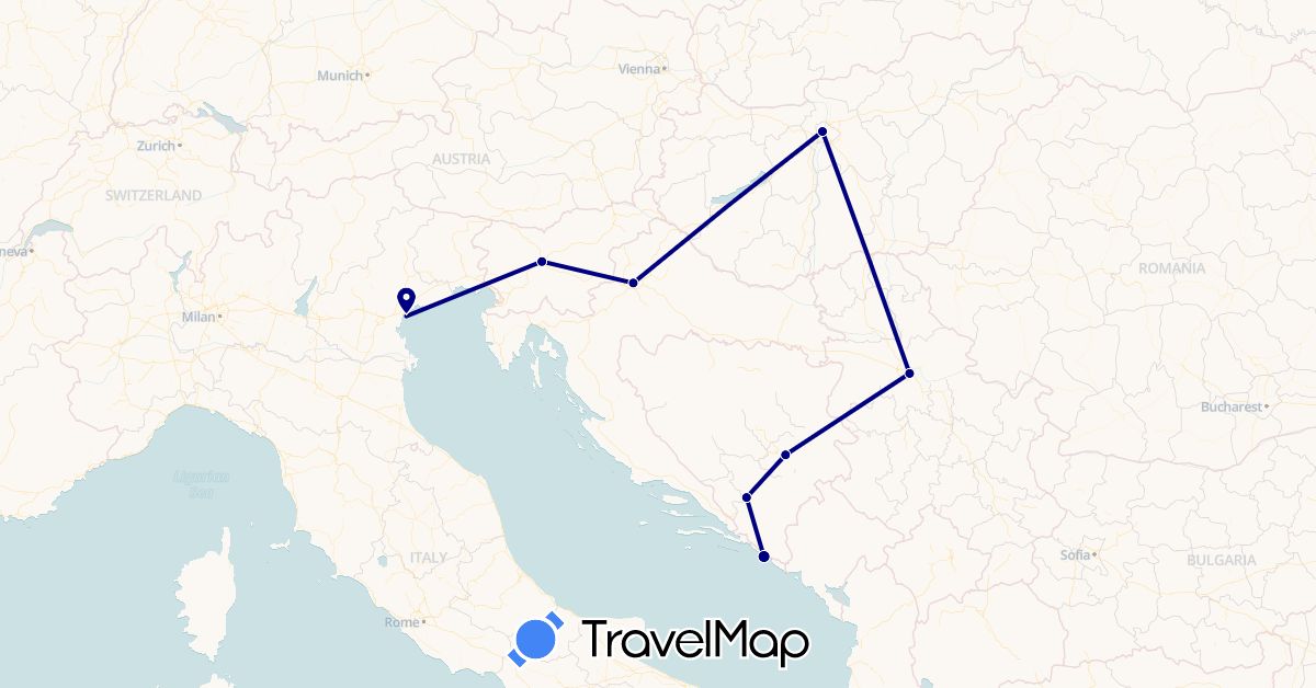 TravelMap itinerary: driving in Bosnia and Herzegovina, Croatia, Hungary, Italy, Serbia, Slovenia (Europe)